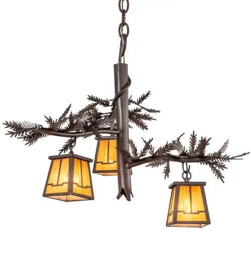 Invite the natural charm of the American woodlands into your home; camp; lodge; or business with this stunning chandelier. Three Honey Art Glass lanterns offered in a stunning Arts & Crafts design adorn Pine Branch shaped arms with Pine Needle accents on this unique Nature Inspired chandelier. This striking fixture features a Cafe Noir finish to create a mesmerizing effect. Overall height ranges from 24 to 119 inches as the chain can be easily adjusted in the field. Domestically produced in our 180;000 square foot manufacturing facility in Yorkville; NY; at the foothills of the Adirondack Mountains. Customize shade colors; metal finishes and sizes to your taste. UL and cUL listed for damp and dry locations. - alternate view