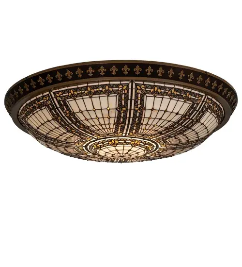 The material is Steel and Glass. The finish is Copper Vein and Gold. The shade is Stained Glass. Collection: Fleur-De-Lis Finish: Copper Vein/Gold Glass: Stained Glass Width: 45.00" Height: 11.00" Length: 45.00" Weight: 90.00 lb Number of Bulbs: 8 Maximum Wattage: 12.00 W Bulb Type: A19 Bulb Base: GU24 Light Source: LED Material: Steel Country of Origin: CHINA Safety Listing: Damp Safety Rating: Damp LED - alternate view