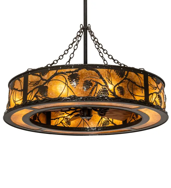Delicate Pinecones and Pine Branches accent this magnificent creation. This Fan Integrated Light Fixture is offered in our award-winning Chandel-Air Collection. Soft ambient light is projected through Amber Mica panels while the fan spins quietly in the center. The fixture is enhanced with a Timeless Bronze finish. Handcrafted in our 180,000 sq ft manufacturing facility in Yorkville, NY at the foothills of the Adirondack Mountains. The Chandel-Air creates a windchill that circulates to keep your space cool and comfortable during the summer. The fan is reversed to pull the room air up towards the ceiling and force the warm air back down in winter. Collection: Whispering Pines Finish: Timeless Bronze Ob/Lok Glass: Amber Mica Oiled Bronze//Light Oak Blades Width: 44.50" Height: 95.00" Length: 44.50" Weight: 78.00 lb Number of Bulbs: 8 Maximum Wattage: 60.00 W Bulb Type: A19 Bulb Base: E26 Material: Steel Country of Origin: USA Safety Listing: Damp Safety Rating: Damp