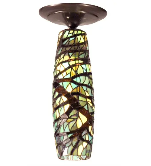 This contemporary Tiffany style shade is handcrafted by the same copper foil construction method invented by the master himself; but the elongated teardrop shape of the shade is far from traditional. This unique shade is a Meyda original design made of branch shaped Branch Brown and Wispy Sky colored stained art glass.