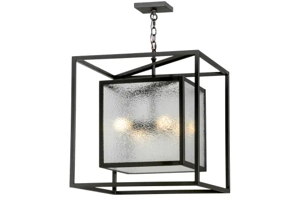 A sophisticated architecturally styled fixture is designed with a pizazz that is unique, fresh and stylish. Give your decor an extra edge with this breathtaking fixture, which is highlighted with a solid metal structure that surrounds a Clear Granite glass lens in a cube profile that encases a Customer supplied, Medium base 4-light cluster. The hardware and frame are featured in a handsome Wrought Iron finish. Handcrafted in the USA, Kitzi is available in custom sizes, styles and finishes, as well as dimmable energy efficient lamping options. The 24-inch square pendant is UL and CUL listed for damp and dry locations. Collection: Kitzi Finish: Wrought Iron Glass: Clear Granite Glass Notes: Custom Crafted In Yorkville, New York Please Allow 30 Days Width: 33.75" Height: 31.00" Length: 24.00" Weight: 44.00 lb Extension from Wall: 6.50" Number of Bulbs: 4 Maximum Wattage: 60.00 W Bulb Type: A19 Bulb Base: E26 Material: Steel Country of Origin: USA Safety Listing: Damp Safety Rating: Damp
