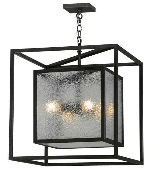 A sophisticated architecturally styled fixture is designed with a pizazz that is unique, fresh and stylish. Give your decor an extra edge with this breathtaking fixture, which is highlighted with a solid metal structure that surrounds a Clear Granite glass lens in a cube profile that encases a Customer supplied, Medium base 4-light cluster. The hardware and frame are featured in a handsome Wrought Iron finish. Handcrafted in the USA, Kitzi is available in custom sizes, styles and finishes, as well as dimmable energy efficient lamping options. The 24-inch square pendant is UL and CUL listed for damp and dry locations. Collection: Kitzi Finish: Wrought Iron Glass: Clear Granite Glass Notes: Custom Crafted In Yorkville, New York Please Allow 30 Days Width: 33.75" Height: 31.00" Length: 24.00" Weight: 44.00 lb Extension from Wall: 6.50" Number of Bulbs: 4 Maximum Wattage: 60.00 W Bulb Type: A19 Bulb Base: E26 Material: Steel Country of Origin: USA Safety Listing: Damp Safety Rating: Damp - alternate view