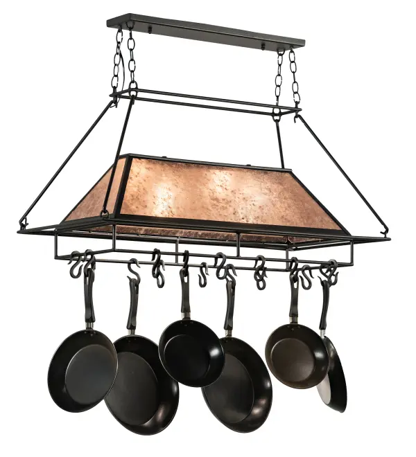 The material is Steel and Mica. The finish is Old Wrought Iron. The diffuser is Silver Mica. (Cookware not included)