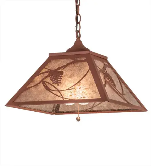 Listen closely. You can almost hear the soft whisper of the pine branches as they dance in the wind. Enjoy the warm ambiance of soft beautiful light diffused through an Silver Mica shade featuring stunning Pinecone and Pine Branch designs. The fixture is enhanced with a Rust finish. The overall height ranges from 15 to 47 inches as the chain length can be easily adjusted in the field to accommodate your specific lighting application needs. Handcrafted by highly skilled artisans in our 180,000 square manufacturing facility in Yorkville, New York. Shade colors, metal finishes and sizes can be customized. UL and cUL listed for dry and damp locations. Collection: Whispering Pines Finish: Rust Glass: Silver Mica Width: 22.00" Height: 15.00" Length: 16.00" Weight: 9.00 lb Number of Bulbs: 2 Maximum Wattage: 60.00 W Bulb Base: E26 Material: Steel Country of Origin: USA Safety Listing: Damp Safety Rating: Damp - alternate view