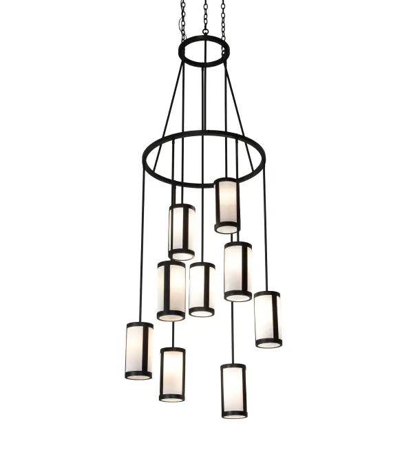 This two-tiered chandelier spans up to nearly 10 feet from top to bottom and offers an eye-catching transitional look. Handsome White Linen shades are enhanced with Crystal Idalight bottom diffusers. The shades are aligned in a staggered formation, suspended from two decorative rings and a canopy while providing light at various levels. All hardware is hand-finished in Wrought Iron while an inviting glow evokes from 9 decorative cylinders. The overall height ranges from 96 to 119 inches, as the chain length can be easily adjusted in the field. The Cartier Cascading Chandelier is featured in our American-made, American-designed, handmade Transitional Lighting Collection. Manufactured in the USA. UL & cUL listed for dry and damp locations. Collection: Cartier Finish: Wrought Iron Glass: White Linen Width: 35.00" Height: 96.00" Length: 35.00" Weight: 68.00 lb Number of Bulbs: 9 Maximum Wattage: 60.00 W Bulb Type: A19 Bulb Base: E26 Material: Steel Country of Origin: USA Safety Listing: Damp Safety Rating: Damp
