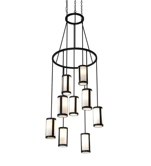 This two-tiered chandelier spans up to nearly 10 feet from top to bottom and offers an eye-catching transitional look. Handsome White Linen shades are enhanced with Crystal Idalight bottom diffusers. The shades are aligned in a staggered formation, suspended from two decorative rings and a canopy while providing light at various levels. All hardware is hand-finished in Wrought Iron while an inviting glow evokes from 9 decorative cylinders. The overall height ranges from 96 to 119 inches, as the chain length can be easily adjusted in the field. The Cartier Cascading Chandelier is featured in our American-made, American-designed, handmade Transitional Lighting Collection. Manufactured in the USA. UL & cUL listed for dry and damp locations. Collection: Cartier Finish: Wrought Iron Glass: White Linen Width: 35.00" Height: 96.00" Length: 35.00" Weight: 68.00 lb Number of Bulbs: 9 Maximum Wattage: 60.00 W Bulb Type: A19 Bulb Base: E26 Material: Steel Country of Origin: USA Safety Listing: Damp Safety Rating: Damp - alternate view