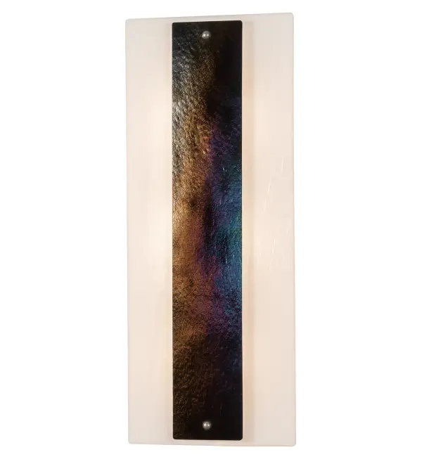 The material is Steel, Brass and Glass. The finish is Nickel. The glass diffusers are White Opal and Black Iridescent. Collection: Metro Finish: Nickel Glass: White Opal And Black Iridescent Width: 12.00" Height: 30.00" Length: 6.50" Weight: 11.50 lb Extension from Wall: 6.50" Number of Bulbs: 3 Maximum Wattage: 60.00 W Bulb Type: T10 Bulb Base: E26 Light Source: LED Color Temperature: 3000 K Material: Steel/Brass Country of Origin: USA Safety Listing: Damp Safety Rating: Damp LED