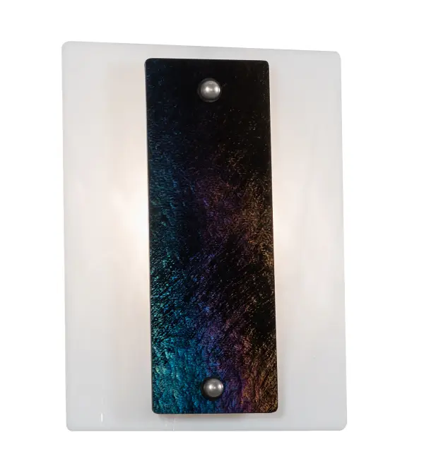The material is Steel; Brass and Glass. The finish is Nickel. The glass diffusers are White Opal and Black Iridescent.