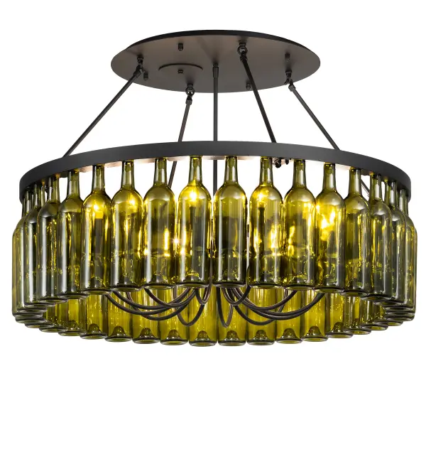 Capture the life of the party with the whimsical design of the Meyda Wine Bottle Chandelier. So much fun that you may want to hang from it, but don't! Liven up a restaurant, club, or home with a chandelier that does so much more than deliver light, it adds personality and pizzazz. 36 Green wine bottles are suspended from a Textured Black finished rim with five suspension rods. Perfect for entryways and other spaces in homes, restaurants, hotels, pubs, nightclubs, wineries, and retailers, this chandelier will be appreciated for its fine detail and charm by connoisseurs from Washingtonville, New York, to Bluemont, Virginia, to Napa Valley, California. This rich-looking Tuscan Vineyard Wine Bottle Chandelier is included in our American-made, American-designed, handcrafted Wine Bottle Lighting Collection. The fixture is manufactured in Yorkville, New York. UL and cUL listed for dry and damp locations. Take your finest bottle of wine, and Meyda will transform it into an everlasting personalized fixture of light. Contact us for more information on custom wine bottle lighting fixtures and lamps. We can also create custom lighting with beer bottles, mason jars, milk bottles, and other glass containers and vessels. Collection: Tuscan Vineyard Finish: Textured Black Glass: Antique Green Width: 38.00" Height: 27.00" Length: 38.00" Weight: 68.00 lb Number of Bulbs: 12 Maximum Wattage: 60.00 W Bulb Type: BA9 Bulb Base: E12 Material: Steel Country of Origin: USA Safety Rating: Damp