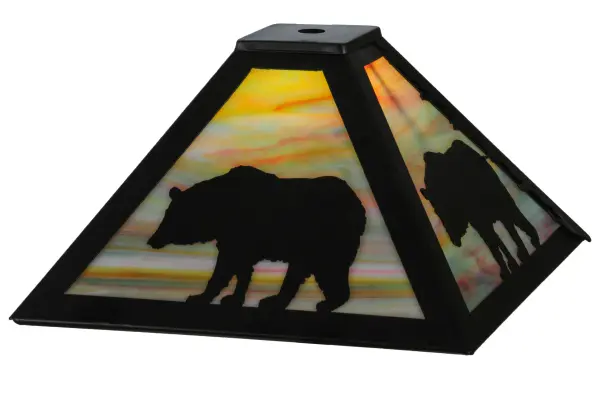 This shade features a majestic Bear meandering through the woodlands as the sun rises. The stunning Bear silhouette is featured in a Textured Black finish on a Jade Purple Art Glass background. The shade pairs well with a base to create a table lamp or matches with hardware to build a ceiling fixture. The Lone Bear Shade is featured in our American-made; American-designed; handcrafted Wildlife Lighting Collection. This shade is manufactured in Yorkville; New York. Upstate New York's adventurous playland; known as the Adirondack Mountains; with its many breathtaking forests; lakes; and rivers; is the spiritual birthplace of Meyda and inspires our rustic-themed art glass collections.