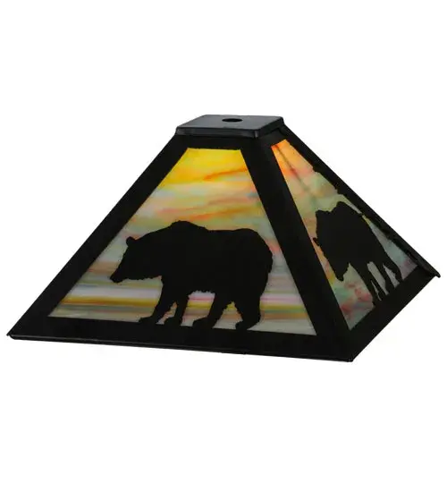 This shade features a majestic Bear meandering through the woodlands as the sun rises. The stunning Bear silhouette is featured in a Textured Black finish on a Jade Purple Art Glass background. The shade pairs well with a base to create a table lamp or matches with hardware to build a ceiling fixture. The Lone Bear Shade is featured in our American-made; American-designed; handcrafted Wildlife Lighting Collection. This shade is manufactured in Yorkville; New York. Upstate New York's adventurous playland; known as the Adirondack Mountains; with its many breathtaking forests; lakes; and rivers; is the spiritual birthplace of Meyda and inspires our rustic-themed art glass collections. - alternate view