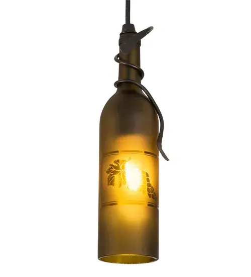 Capture the mood or life of any party with authentic wine bottle lighting. This ceiling pendant does so much more than deliver light. It adds personality and pizazz to any interior. A hand forged Black vine and leaf coil is designed around the neck of this Green wine bottle, which illuminates and features a etched Grape design. The pendant is complemented with a Textured Black finish. Perfect for homes, restaurants, hotels, pubs, nightclubs, wineries, and retailers. Overall height ranges from 15 to 83 inches as the stem length can be adjusted in the field. Handcrafted? in our 180,000 square manufacturing facility in Yorkville, NY. Wine bottle colors, metal finishes and sizes can be customized. UL and cUL listed for dry and damp locations. Collection: Tuscan Vineyard Finish: Textured Black Glass: Green Wine Bottle Width: 3.00" Height: 15.00" Length: 3.00" Weight: 2.00 lb Number of Bulbs: 1 Maximum Wattage: 40.00 W Bulb Type: T10 Bulb Base: E26 Material: Steel/Brass Country of Origin: USA Safety Listing: Damp Safety Rating: Damp - alternate view