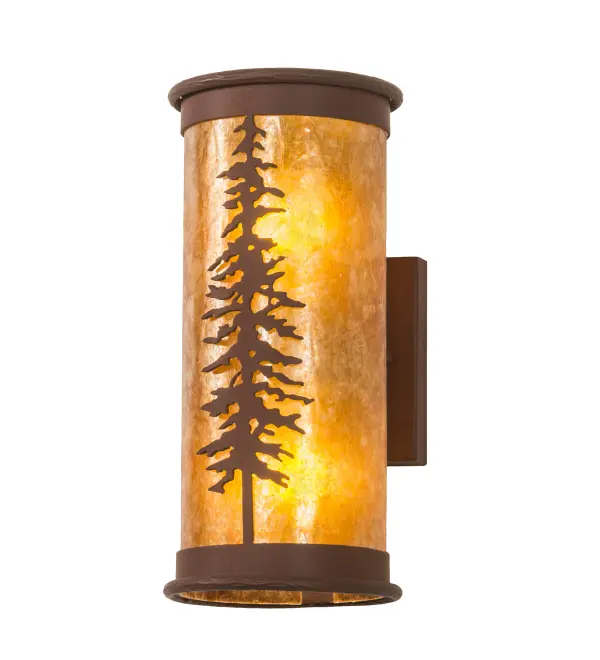 This stunning wall sconce features a striking Tall Pine Tree design, with an Amber Mica lens. The frame and hardware are finished in Red Rust. The striking wall fixture is perfect for illuminating the walls of timber homes, modern farmhouses, and other spaces. The Tall Pines Wall Sconce is featured in our American-made, American-designed, handcrafted Nature Inspired Collection and manufactured in Yorkville, New York. UL and cUL listed for dry and damp locations. Upstate New York's adventurous playland, known as the Adirondack Mountains, with its many breathtaking forests, lakes, and rivers, is the spiritual birthplace of Meyda and inspires our rustic-themed collections. Collection: Tall Pines Finish: Red Rust Glass: Amber Mica Width: 5.50" Height: 12.25" Length: 6.00" Weight: 3.50 lb Extension from Wall: 6.00" Number of Bulbs: 2 Maximum Wattage: 60.00 W Bulb Type: T10 Bulb Base: E26 Material: Steel Country of Origin: USA Safety Listing: Damp Safety Rating: Damp