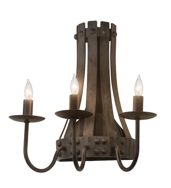 Elegant charm blends with rustic beauty. This wall sconce is inspired by antique staves traditionally bound by metal hoops in the construction of beer/whisky barrels and wine casks. Costello Black finished curved arms of Textured Solid Steel support solid bobeches accented with three complementary faux candlelights. Our Sustainable lighting offers a choice of Reclaimed Woods or a combination of Natural Woods/Metals. Handcrafted by highly skilled artisans in our 180;000 square foot manufacturing facility in Yorkville; NY. Candlelight colors; metal finishes and sconce sizes can be customized to meet your needs. UL and cUL listed for damp and dry locations.