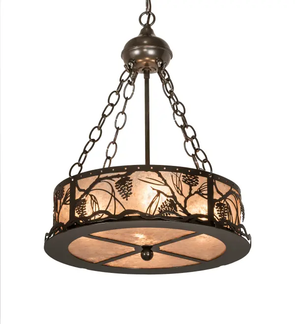 Listen closely. You can almost hear the soft whisper of the pine branches as they dance in the wind. Enjoy the warm ambiance of soft beautiful light diffused through a Silver Mica lens featuring stunning Pinecone and Pine Branch designs with a matching bottom diffuser. The fixture is enhanced with a Timeless Bronze finish. The overall height ranges from 25 to 72 inches as the chain length can be easily adjusted in the field to accommodate your specific lighting application needs. Handcrafted by highly skilled artisans in our 180,000 square manufacturing facility in Yorkville, New York. Shade colors, metal finishes and sizes can be customized. UL and cUL listed for dry and damp locations. Collection: Whispering Pines Finish: Timeless Bronze Glass: Silver Mica Width: 16.00" Height: 25.00" Length: 16.00" Weight: 11.00 lb Number of Bulbs: 4 Maximum Wattage: 60.00 W Bulb Type: A19 Bulb Base: E26 Material: Steel Country of Origin: USA Safety Listing: Damp Safety Rating: Damp