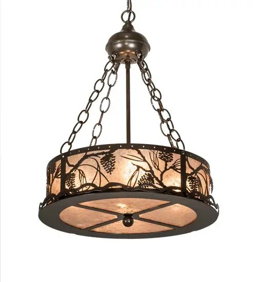 Listen closely. You can almost hear the soft whisper of the pine branches as they dance in the wind. Enjoy the warm ambiance of soft beautiful light diffused through a Silver Mica lens featuring stunning Pinecone and Pine Branch designs with a matching bottom diffuser. The fixture is enhanced with a Timeless Bronze finish. The overall height ranges from 25 to 72 inches as the chain length can be easily adjusted in the field to accommodate your specific lighting application needs. Handcrafted by highly skilled artisans in our 180,000 square manufacturing facility in Yorkville, New York. Shade colors, metal finishes and sizes can be customized. UL and cUL listed for dry and damp locations. Collection: Whispering Pines Finish: Timeless Bronze Glass: Silver Mica Width: 16.00" Height: 25.00" Length: 16.00" Weight: 11.00 lb Number of Bulbs: 4 Maximum Wattage: 60.00 W Bulb Type: A19 Bulb Base: E26 Material: Steel Country of Origin: USA Safety Listing: Damp Safety Rating: Damp - alternate view