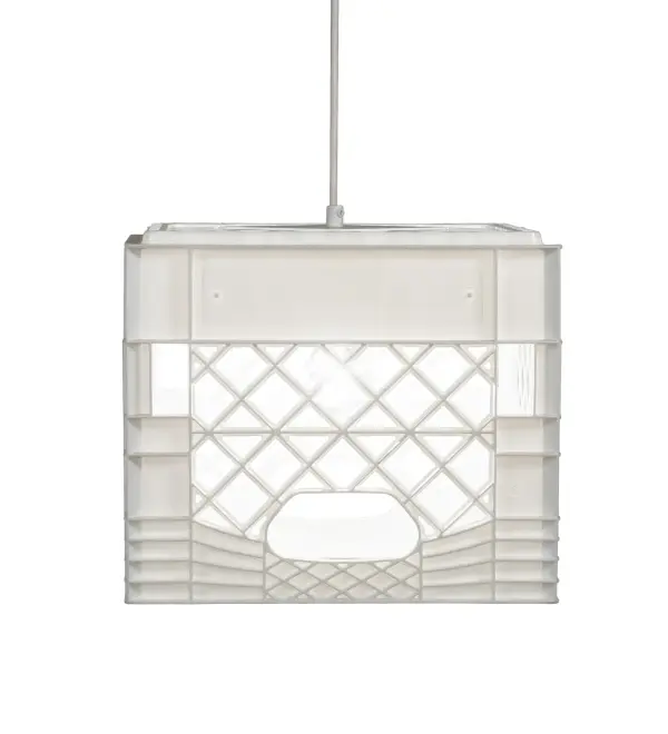 The material is Steel and Plastic. The finish is White. The basket is White. Collection: Milk Crate Finish: White Glass: White Width: 18.00" Height: 13.50" Length: 13.00" Weight: 5.50 lb Number of Bulbs: 1 Maximum Wattage: 11.50 W Bulb Type: A19 Bulb Base: E26 Light Source: LED Material: Steel Country of Origin: USA Safety Listing: Damp Safety Rating: Damp LED