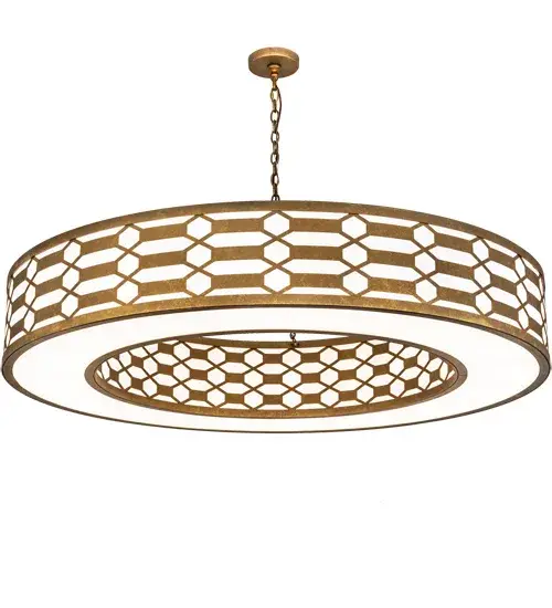 The material is Steel, Textrene and Idalight. The finish is Burnished Gold Leaf. The shade is White Textrene and Statuario Idalight. Collection: Watermere Finish: Burnished Gold Leaf Glass: Laura White Textrene/Statuario Idalight Width: 60.00" Height: 26.00" Length: 60.00" Weight: 100.00 lb Extension from Wall: 6.75" Number of Bulbs: 16 Maximum Wattage: 60.00 W Bulb Type: A19 Bulb Base: E26 Material: Steel Country of Origin: USA Safety Listing: Damp Safety Rating: Damp