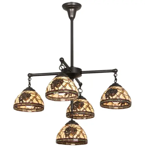 This stunning Brass Lighting design features the iconic Pinecone; one of Mother Nature's most compelling organic symbols. The Brass chandelier offers a natural elegance and represents the evolution of human enlightenment. Burgundy and Leaf Green bands edge these woodland art glass shades that highlight Bark Brown Pinecones and branches on a Golden Sun background. The shades are created using the famous Meyda Tiffany copperfoil construction process and complemented with a Craftsman Brown finish. Each shade is a unique work of art with color variations based on natural ingredients inherent in the glass. Contact us if color matching is critical when ordering multiple items. - alternate view