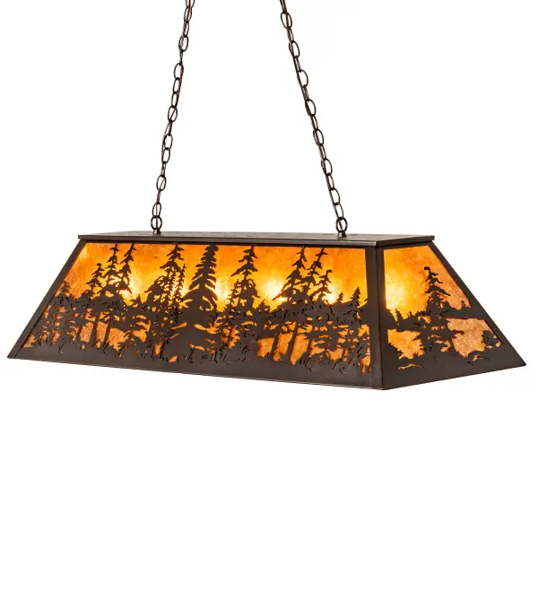 This oblong pendant features a mesmerizing stand of Tall Pine trees as the brilliant sun shines over a lake in the golden afternoon sky. Beautiful ambient light radiates from this pendant which is ideal for illuminating kitchen islands, billiard or dining tables, counters and bars. The fixture highlights an Amber Mica shade complemented with a warm Mahogany Bronze finish. The overall height ranges from 24 to 43 inches as the chain length can be easily adjusted in the field to accommodate your specific lighting application needs. Handcrafted in our 180,000 square foot manufacturing facility in Yorkville, New York. Shade colors, metal finishes and fixture sizes can be customized to your needs. UL and cUL listed for dry and damp locations. Collection: Tall Pines Finish: Mahogany Bronze Glass: Amber Mica Width: 17.00" Height: 24.00" Length: 48.00" Weight: 30.00 lb Number of Bulbs: 6 Maximum Wattage: 60.00 W Bulb Type: A19 Bulb Base: E26 Material: Steel Country of Origin: USA Safety Listing: Damp Safety Rating: Damp