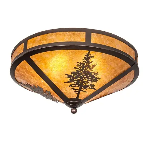 This stunning lighting fixture features Tamarack trees that grow tall towards the heavens with brilliant beams of a sunlit sky glowing from the gorgeous Amber Mica shade. Designed in the Arts and Crafts tradition, this handsome ceiling fixture is complemented with a Mahogany Bronze finish. The lighting fixture delivers beautiful ambient lighting in dining rooms and living spaces in fine homes, lodges, inns, and other spaces, from Jackson, Mississippi, to Appleton, Wisconsin, to Brentwood, California. The Tamarack Flushmount is included in our American-made, American-designed, handcrafted Nature Inspired Lighting Collection. This fixture is manufactured in Yorkville, New York. UL and cUL listed for dry and damp locations. Collection: Tamarack Finish: Mahogany Bronze Glass: Amber Mica Width: 20.00" Height: 11.50" Length: 20.00" Weight: 5.50 lb Number of Bulbs: 2 Maximum Wattage: 60.00 W Bulb Type: A19 Bulb Base: E26 Material: Steel Country of Origin: USA Safety Listing: Damp Safety Rating: Damp - alternate view