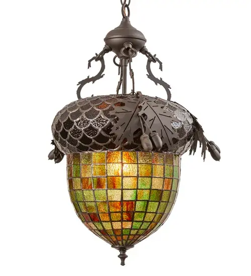 Majestic as the mighty oak is this leaf adorned inverted pendant. A lighted art glass Acorn; in Multicolored Autumn colors; features a Bark Brown Granite Glass crown sprouting metal Oak Leaves. The stunning shade is complemented with an Oil Rubbed Bronze finish. The overall height ranges from 26 to 55 inches as the chain length can be easily adjusted in the field to accommodate your specific lighting application needs. Handcrafted by highly skilled artisans in our 180;000 square foot manufacturing facility in Yorkville; New York. Custom sizes; styles; colors and lamping options are available. UL and cUL listed for dry and damp locations. - alternate view