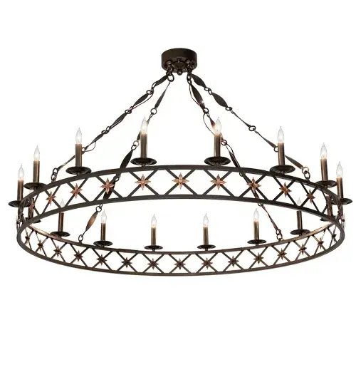 A refined and elegant touch of style and grace. The sophisticated Kingsbridge Chandelier adds a bit of glamour and luxury to any space that it adorns. The elegant curvaceous frame is finished in Bronze while the star accents shine in a Gold finish. Handcrafted by highly skilled artisans in our 180,000 square foot manufacturing facility in Yorkville, New York. Candlelight colors, metal finishes and fixture sizes can be customized to your needs. UL and cUL listed for dry and damp locations. Collection: Kingsbridge Finish: Bronze/Gold Glass: Chocolate,Gold Width: 53.00" Height: 32.00" Length: 53.00" Weight: 28.00 lb Number of Bulbs: 16 Maximum Wattage: 60.00 W Bulb Type: B10 Bulb Base: E12 Material: Steel Country of Origin: USA Safety Listing: Damp Safety Rating: Damp