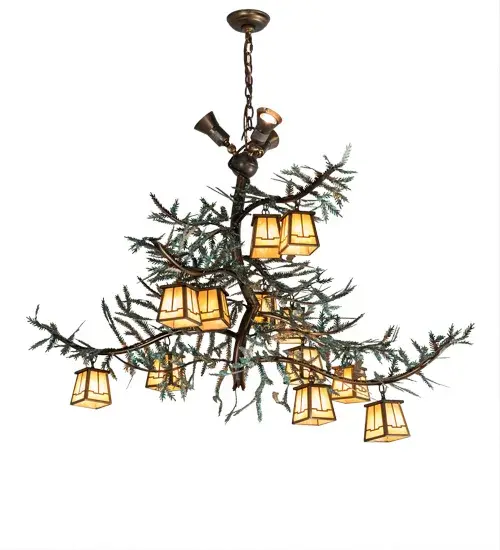 The material is Steel and Glass. The finish is Antique Copper and Green Pine Needles. The glass is Beige Flemish. - alternate view
