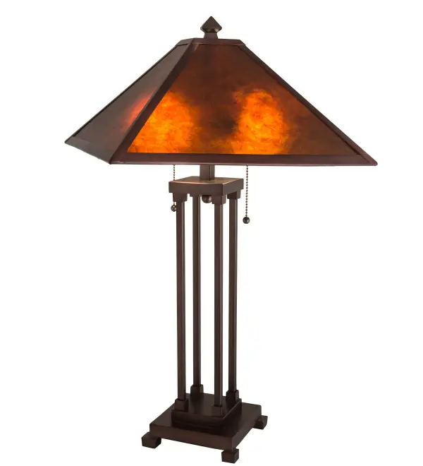 A stunning Mission style lamp design inspired by the Arts & Crafts movement. A luxurious Amber Mica shade is complemented with a warm Mahogany Bronze finish.The lamp is the perfect illuminating accent for nearly any room in residential; hospitality and commercial settings. The Mission Prime Table Lamp is featured in our American designed handcrafted Arts & Crafts Lighting Collection. UL and cUL listed for dry locations.