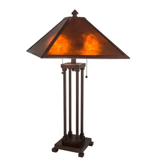 A stunning Mission style lamp design inspired by the Arts & Crafts movement. A luxurious Amber Mica shade is complemented with a warm Mahogany Bronze finish.The lamp is the perfect illuminating accent for nearly any room in residential; hospitality and commercial settings. The Mission Prime Table Lamp is featured in our American designed handcrafted Arts & Crafts Lighting Collection. UL and cUL listed for dry locations. - alternate view