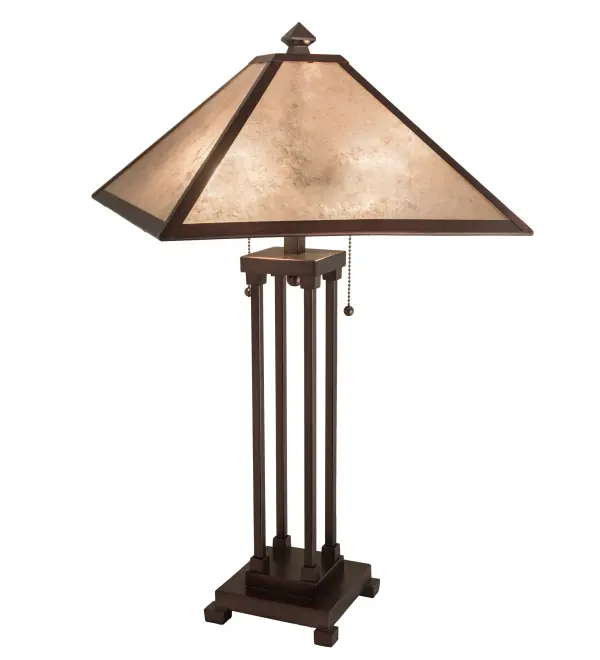 Every Meyda Tiffany item is a unique handcrafted work of art. Natural variations in the wide array of materials that we use to create each Meyda product make every item a masterpiece of its own. Photographs are a general representation of the product. Colors and designs will vary. Collection: Mission Finish: Mahogany Bronze Mahogany Bronze Glass: Silver Mica Width: 22.50" Height: 28.00" Length: 16.00" Weight: 8.50 lb Number of Bulbs: 2 Maximum Wattage: 60.00 W Bulb Type: A19 Bulb Base: E26 Material: Zinc/Brass Country of Origin: CHINA Safety Listing: Dry Safety Rating: Dry