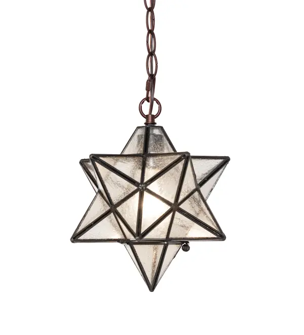Grace your home with this timeless ceiling fixture, hand crafted of sparkling Clear Seeded art glass. Dating back to Moravia, hundreds of years ago, the star was used to protect your home and bring good luck to your family. The Meyda Tiffany Moravian Star pendant is suspended from the chain and canopy in a Mahogany Bronze hand applied finish. Collection: Moravian Star Finish: Mahogany Bronze Glass: Clear Seeded Glass Width: 9.00" Height: 13.00" Length: 9.00" Weight: 3.00 lb Number of Bulbs: 1 Maximum Wattage: 60.00 W Bulb Type: A19 Bulb Base: E26 Material: Steel Country of Origin: CHINA Safety Listing: Damp Safety Rating: Damp