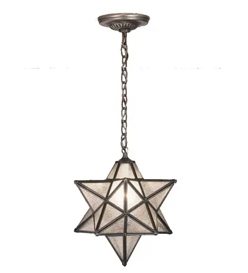 Grace your home with this timeless ceiling fixture, hand crafted of sparkling Clear Seedy art glass. Dating back to Moravia, hunderds of years ago, the star was used to protect your home and bring good luck to your family. The Meyda Tiffany Moravian Star pendant is suspended from chain and canopy in a Mahogany Bronze hand applied finish. Collection: Moravian Star Finish: Mahogany Bronze Glass: Clear Seeded Glass Width: 12.00" Height: 16.00" Length: 12.00" Weight: 7.00 lb Number of Bulbs: 1 Maximum Wattage: 60.00 W Bulb Type: A19 Bulb Base: E26 Material: Steel Country of Origin: CHINA Safety Listing: Damp Safety Rating: Damp