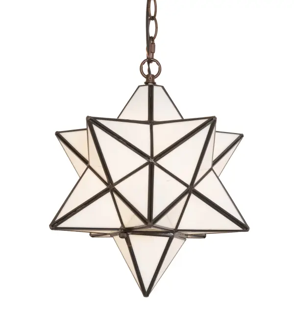 Grace your home with this timeless ceiling fixture, hand crafted of Cloud White art glass. Dating back to Moravia, hunderds of years ago, the star was used to protect your home and bring good luck to your family. The Meyda Tiffany Moravian Star pendant is suspended from chain and canopy in a Mahogany Bronze hand applied finish. Collection: Moravian Star Finish: Mahogany Bronze Glass: White Art Glass Width: 12.00" Height: 16.00" Length: 12.00" Weight: 6.50 lb Number of Bulbs: 1 Maximum Wattage: 60.00 W Bulb Type: A19 Bulb Base: E26 Material: Steel Country of Origin: CHINA Safety Listing: Damp Safety Rating: Damp