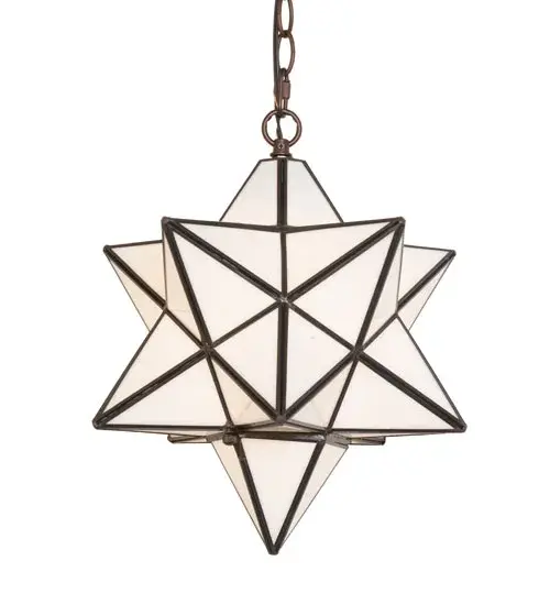 Grace your home with this timeless ceiling fixture, hand crafted of Cloud White art glass. Dating back to Moravia, hunderds of years ago, the star was used to protect your home and bring good luck to your family. The Meyda Tiffany Moravian Star pendant is suspended from chain and canopy in a Mahogany Bronze hand applied finish. Collection: Moravian Star Finish: Mahogany Bronze Glass: White Art Glass Width: 12.00" Height: 16.00" Length: 12.00" Weight: 6.50 lb Number of Bulbs: 1 Maximum Wattage: 60.00 W Bulb Type: A19 Bulb Base: E26 Material: Steel Country of Origin: CHINA Safety Listing: Damp Safety Rating: Damp - alternate view