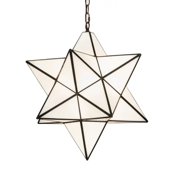 Grace your home with this timeless ceiling fixture, hand crafted of Cloud White art glass. Dating back to Moravia, hundreds of years ago, the star was used to protect your home and bring good luck to your family. The Meyda Tiffany Moravian Star pendant is suspended from chain and canopy in a Mahogany Bronze hand applied finish. Collection: Moravian Star Finish: Mahogany Bronze Glass: White Art Glass Width: 21.00" Height: 25.00" Length: 21.00" Weight: 10.00 lb Number of Bulbs: 1 Maximum Wattage: 60.00 W Bulb Type: A19 Bulb Base: E26 Material: Steel Country of Origin: CHINA Safety Listing: Damp Safety Rating: Damp
