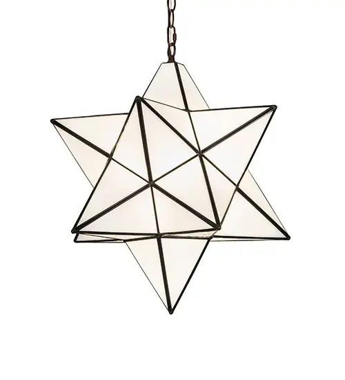 Grace your home with this timeless ceiling fixture, hand crafted of Cloud White art glass. Dating back to Moravia, hundreds of years ago, the star was used to protect your home and bring good luck to your family. The Meyda Tiffany Moravian Star pendant is suspended from chain and canopy in a Mahogany Bronze hand applied finish. Collection: Moravian Star Finish: Mahogany Bronze Glass: White Art Glass Width: 21.00" Height: 25.00" Length: 21.00" Weight: 10.00 lb Number of Bulbs: 1 Maximum Wattage: 60.00 W Bulb Type: A19 Bulb Base: E26 Material: Steel Country of Origin: CHINA Safety Listing: Damp Safety Rating: Damp - alternate view