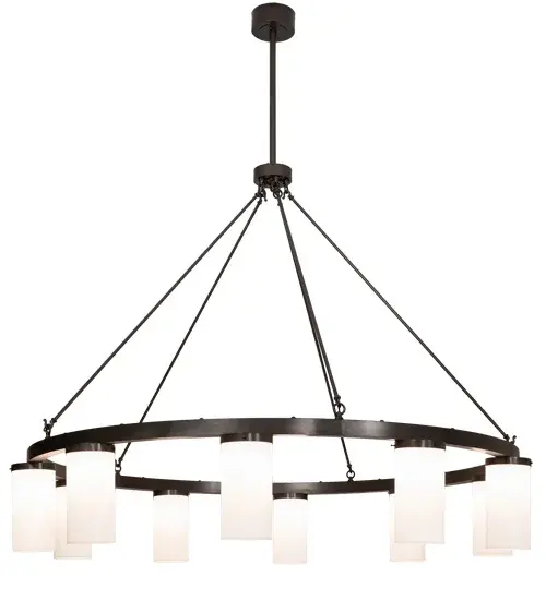 Blending an elegant style with a classic distinguished look. Loxley is custom crafted with 10 Statuario Idalight Cylindres that deliver beautiful ambient illumination. This massive chandelier is featured in a Bronze finish. Ideal for installation in dining areas; conference tables; lobbies and other residential; hospitality and commercial spaces. Handcrafted by highly skilled artisans in our 180;000 square foot manufacturing facility in Yorkville; New York. Diffuser colors; metal finishes and fixture sizes can be customized to your needs. UL and cUL listed for dry and damp locations. - alternate view