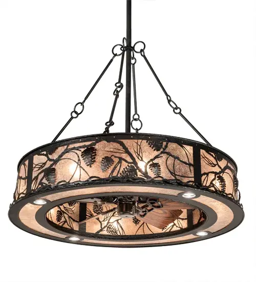 Delicate Pinecones and Pine Branches accent this Fan Integrated Light Fixture in our award-winning Chandel-Air Collection. Soft ambient light projects through Silver Mica while the fan spins quietly in the center and is enhanced with a Black Satin Wrought Iron finish. 8 customer supplied inner lamps bring out the beauty of the mica while 4 customer supplied uplights provide ambient lighting and 4 customer supplied downlights deliver functional illumination on surfaces below. Handcrafted in Yorkville, NY. Chandel-Air creates a windchill that circulates to keep your space cool and comfortable during the summer. The fan is reversed to pull the room air up towards the ceiling and force the warm air back down in winter. UL and cUL listed. Collection: Whispering Pines Finish: Black Satin Wrought Iron Oiled Bronze//Dark Oak Blades Glass: Silver Mica Width: 45.00" Height: 108.00" Length: 45.00" Weight: 105.00 lb Number of Bulbs: 8 Maximum Wattage: 60.00 W Bulb Type: A19 Bulb Base: E26 Material: Steel Country of Origin: USA Safety Listing: Damp Safety Rating: Damp - alternate view