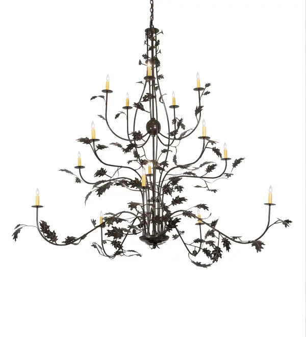 The material is Steel. The finish is Timeless Bronze. Collection: Oak Leaf Finish: Timeless Bronze Glass: Green,Blue,Violet,Beige Width: 72.00" Height: 72.00" Length: 72.00" Weight: 46.00 lb Number of Bulbs: 15 Maximum Wattage: 60.00 W Bulb Type: BA9 Bulb Base: E12 Material: Steel Country of Origin: USA Safety Listing: Damp Safety Rating: Damp