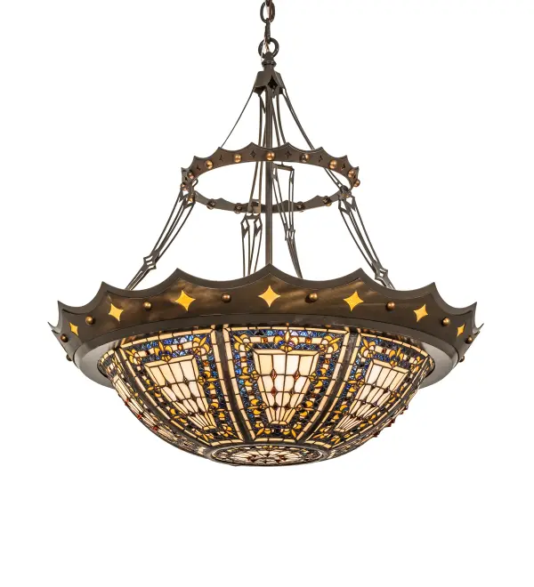 The material is Steel and Glass. The finish is Timeless Bronze and Antique Copper. The shade is Stained Glass. This item is designed to hang from a Alladin ALL200 light lift. Please contact us for a standard mounted version.