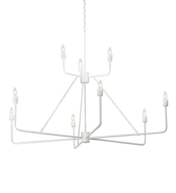 An elegant chandelier with an industrial-styled twist. The arms are bent to create a distinctive design statement; employing Hand-Formed metal arms and contoured supports to define its graceful profile from top to bottom and arm to arm. Nine White faux candlelights add a lovely touch to this fixture; which is featured in a Furniture White resin coat finish. The overall height ranges from 46 to 81 inches; as the chain easily adjusts on location to meet your exact specifications. The Yanis Chandelier is included in our American-made; American-designed; handcrafted Contemporary Lighting Collection; which is manufactured in Yorkville; NY. The fixture is UL and cUL listed for dry and damp locations.