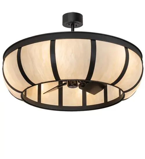 Our custom crafted Chandel-Air is a fan integrated lighting fixture that features a stunning Creme Carrare Idalight lens complemented with an Old Wrought Iron finish. This energy saving Arts & Crafts inspired Chandel-Air creates a windchill to keep the space cool in the summer, and is reversed in the winter to push down hot air and maintain warmth. The Prime Dome Chandel-Air is included in our American made, American designed handcrafted Chandel-Air Collection. Manufactured in Yorkville, New York. UL and cUL listed for dry and damp locations. Collection: Prime Finish: Old Wrought Iron Glass: Creme Carrare Idalight Width: 44.00" Height: 28.00" Length: 44.00" Weight: 87.00 lb Number of Bulbs: 6 Maximum Wattage: 60.00 W Bulb Type: A19 Bulb Base: E26 Material: Steel Country of Origin: USA Safety Listing: Damp Safety Rating: Damp - alternate view
