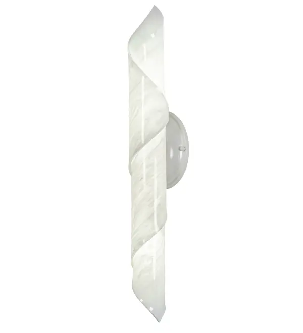 Chic and dazzling with a modern, mesmerizing look. The stunning Angelwing Idalight diffuser features a curvaceous, wraparound design that offers a look of motion and rotation. The ADA-compliant wall luminaire is enhanced with Gloss White powder coat finished decorative studs and a round backplate. The fixture illuminates with Integral LEDs for quality light, long life, and low maintenance. The fixture is ideal for modern homes and restaurants from Palm Beach, Florida, to Austin, Texas, to Portland, Oregon. The Barquillo Wall Sconce is included in our American-made, American-designed, handcrafted Abstract Lighting Collection and manufactured in Yorkville, New York. UL and cUL listed for dry and damp locations. Collection: Barquillo Finish: Gloss White Glass: Angelwing Idalight Width: 4.50" Height: 24.00" Length: 4.00" Weight: 2.00 lb Extension from Wall: 4.00" Number of Bulbs: 1 Maximum Wattage: 11.30 W Bulb Type: STRIP Bulb Base: INTEGRAL Light Source: LED Color Temperature: 3000 K Material: Steel Country of Origin: USA Safety Listing: Damp Safety Rating: Damp LED