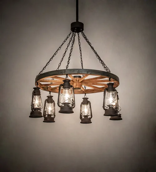 40" Wide Miners Lantern Wagon Wheel 6 Light Chandelier