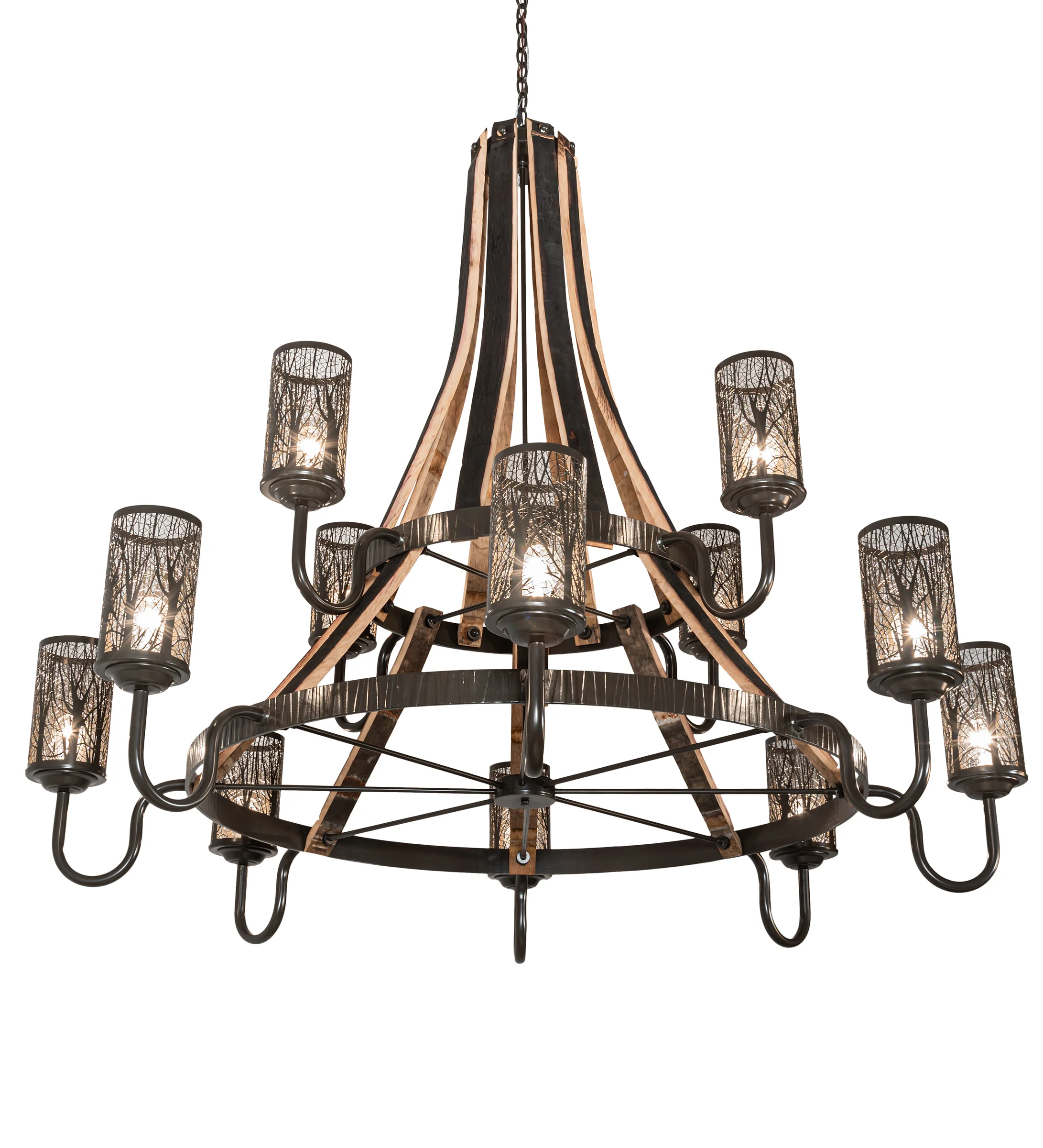 Barrel Stave 12 Light Chandelier in Timeless Bronze/Charred Wood