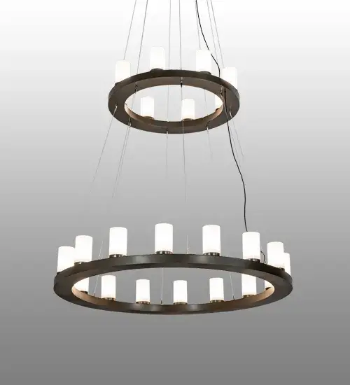 Blending an elegant style with a classic; distinguished look... This massive Loxley chandelier is custom-crafted with 24 Statuario Idalight Cylindres; providing beautiful ambient lighting. These illuminating elements are perched on two sturdy rings; enhanced with an English Brown finish. The luxurious custom-crafted fixture is ideal for illuminating ballrooms; dining areas; lobbies; entryways; and other residential; hospitality; and commercial spaces. The overall height ranges from 28 to 138 inches; as the aircraft cable can be easily adjusted on location to meet your specific requirements. The Loxley 24 Light Chandelier is part of our American-made; American-designed; handcrafted Loxley Lighting Collection. This fixture is manufactured in Yorkville; New York; and is UL and cUL listed for dry and damp locations. The Loxley Collection features various chandeliers; pendants; and wall sconces designed with sturdy rings accented with faux candlelights or cylindrical elements. Many of these fixtures make great statement pieces for large spaces and can be customized with your choice of size; finish; and lamping. - alternate view