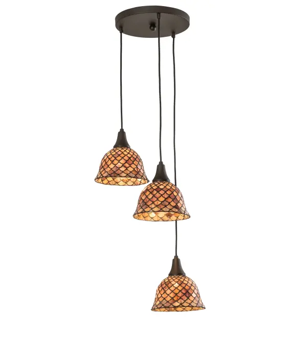 Inspired by a Louis Comfort Tiffany studio classic... The renowned Fishscale design features a variegated Tortoiseshell of Emerald; Sapphire; Mauve and Beige colored art glass; evoking a unique dimensional and textured look in a rainbow of brilliant hues. 3 exquisite art glass shades are created using the famous Meyda Tiffany copperfoil construction process and enhanced with an Oil Rubbed Bronze finish. Overall height ranges from 20 to 82 inches as the stems of the cascading shades can be adjusted in the field. The Tiffany Fishscale Pendant is included in our American-designed Tiffany Reproduction Lighting Collection. UL & cUL listed for dry and damp locations. Each shade is a unique work of art with color variations based on natural ingredients inherent in the glass. Contact us if color matching is critical when ordering multiple items.