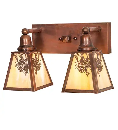 The material is Copper and Glass. The finish is Vintage Copper. The glass is Beige. Collection: Winter Pine Finish: Vintage Copper Glass: Bai Beige Iridescent Width: 17.00" Height: 10.50" Length: 8.00" Weight: 7.00 lb Extension from Wall: 8.00" Number of Bulbs: 2 Maximum Wattage: 60.00 W Bulb Type: A19 Bulb Base: E26 Material: Copper Country of Origin: USA Safety Listing: Wet Safety Rating: Wet - alternate view