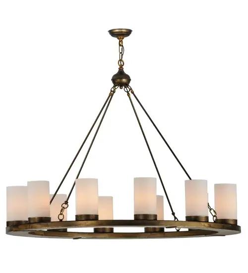 Luxurious elegance and a refined sophistication come to light. Loxley is custom crafted with 12 Statuario Idalight Cylindres on a decorative ring featured in an Antique Copper finish. Ideal for illuminating dining areas; conference tables; lobbies and other residential and commercial spaces. Handcrafted by highly skilled artisans in our manufacturing facility in Yorkville; NY. Custom colors; styles and sizes available. Energy efficient lamping options such as LED are available. The 48-inch wide chandelier is UL and cUL listed for dry and damp locations. - alternate view